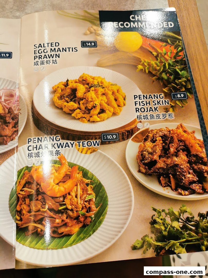 A menu featuring Penang Culture's signature dishes like Salted Egg Mantis Prawn and Penang Char Kway Teow.