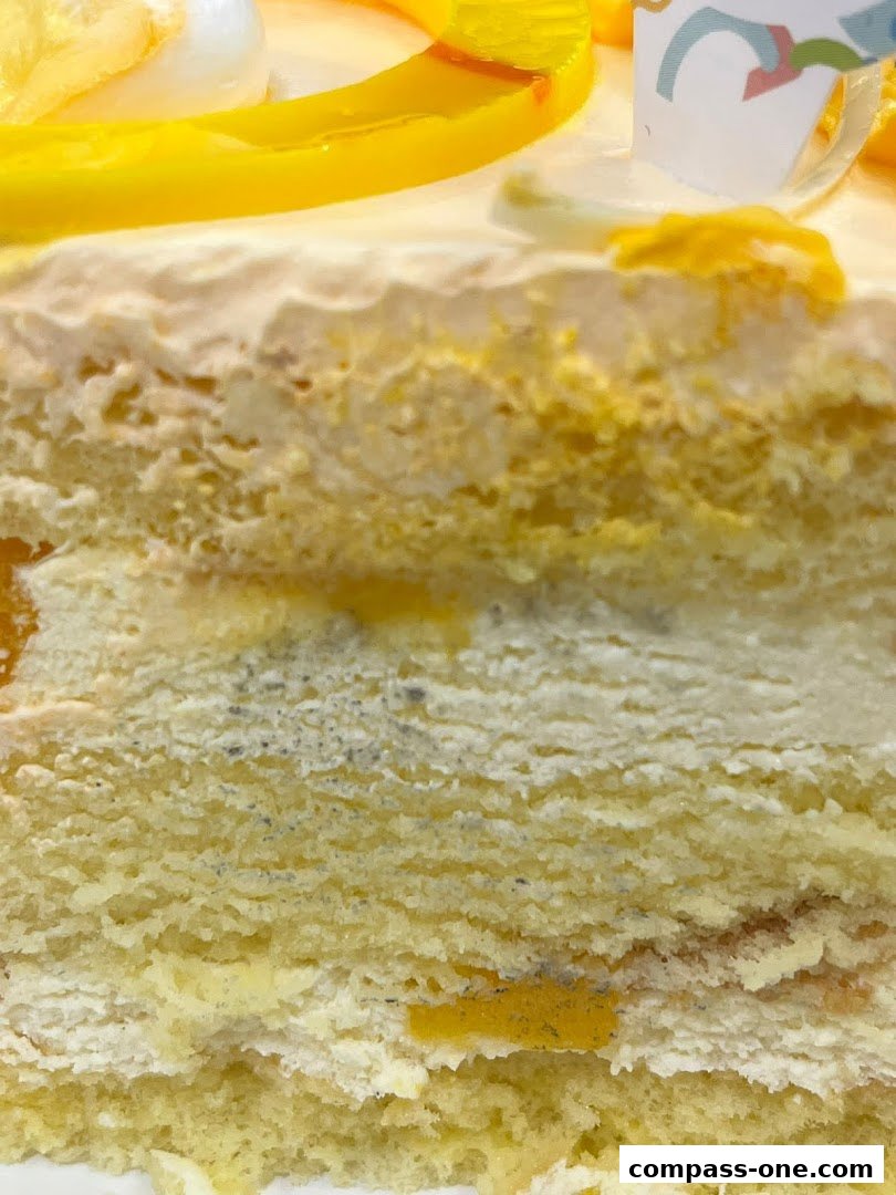 Close-up view of a slice of layered cake with yellow fruit and cream frosting.