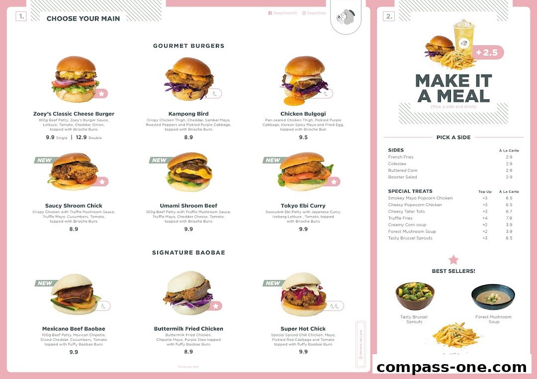 A menu from Zoeys featuring gourmet burgers, signature baobae, and meal deals.