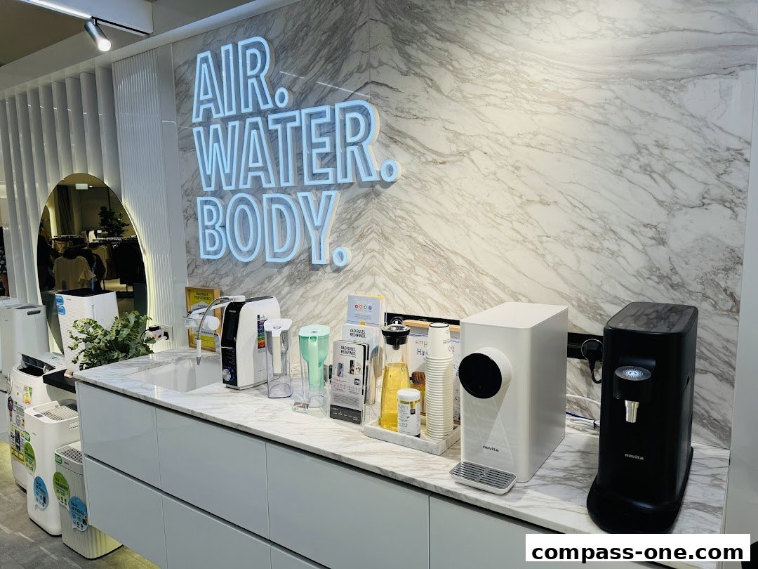 Novita store display featuring air purifiers, water dispensers, and health-related products.