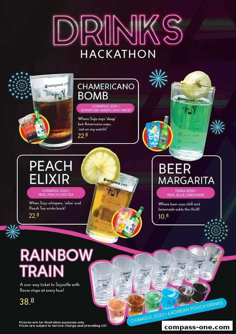 A menu showcasing Korean drinks like Chamisul Soju cocktails and pouch drinks.
