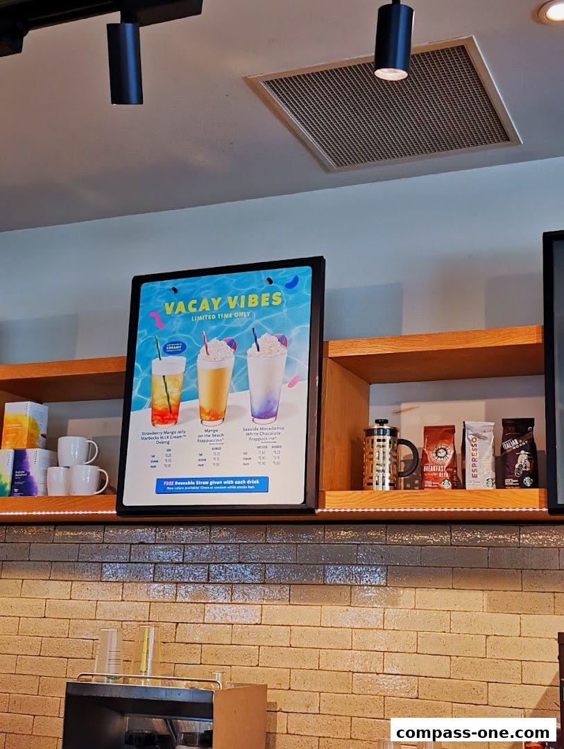 A Starbucks menu board displaying 'Vacay Vibes' limited-time drinks with colorful images and descriptions.