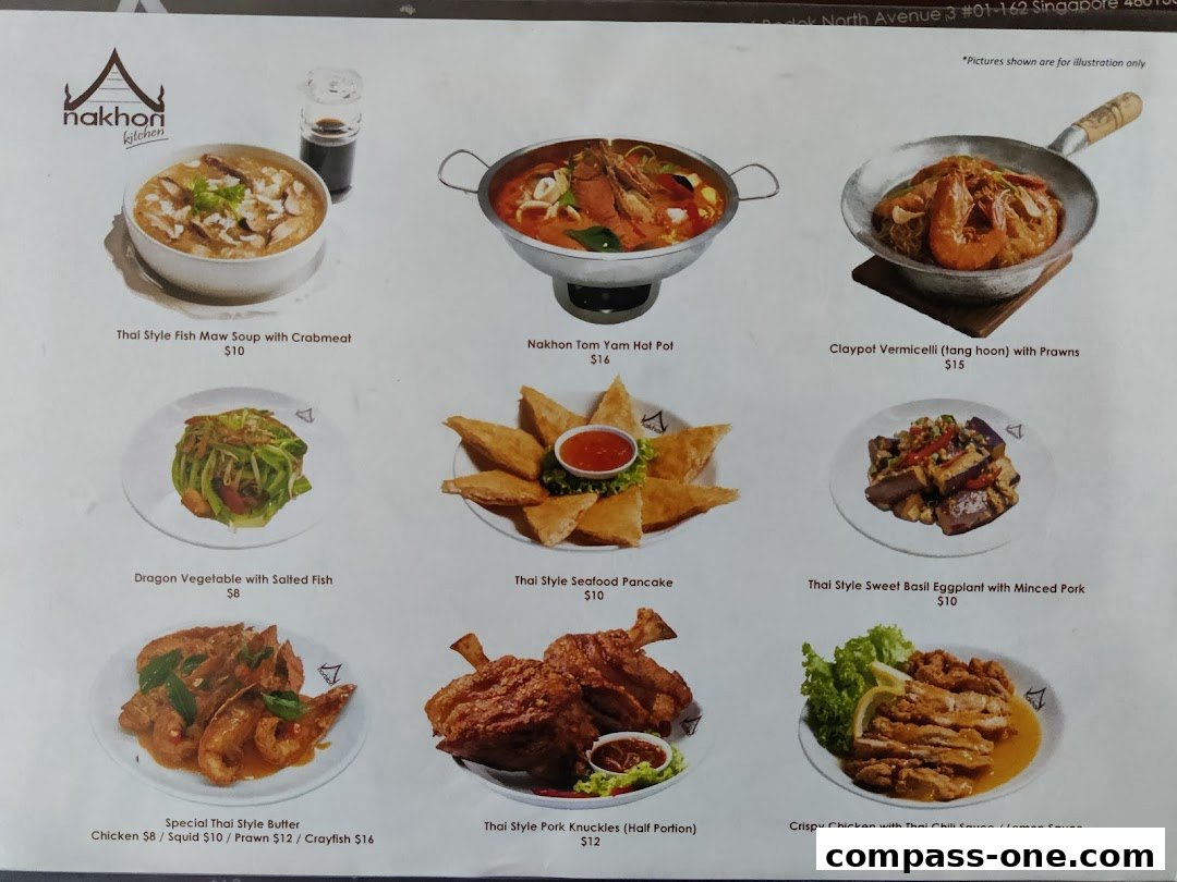 A menu from Nakhon Kitchen showcasing various Thai dishes with their names and prices.