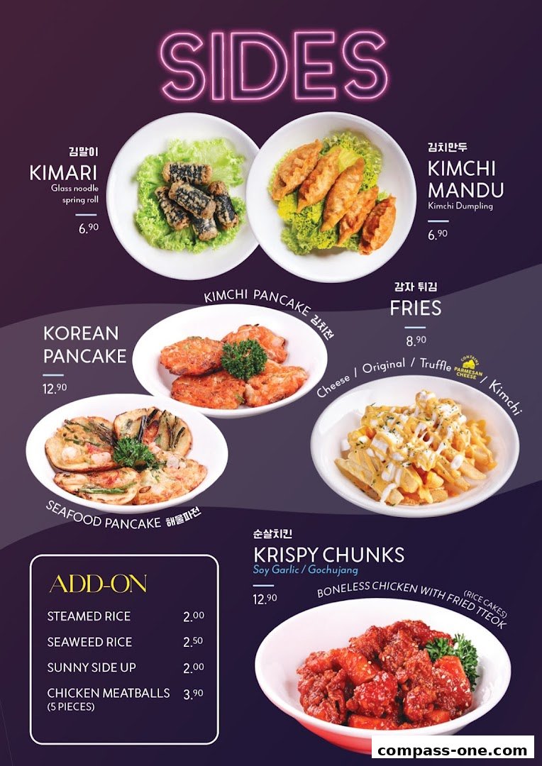 A menu showcasing various Korean street food sides like Kimari, Mandu, Pancakes, and Fries.