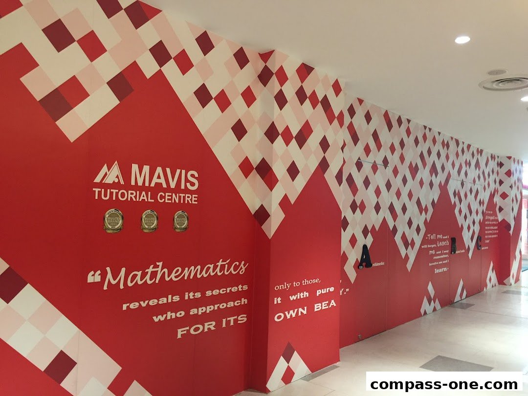The exterior wall of Mavis Tutorial Centre, decorated with a red and white geometric pattern and motivational quotes.