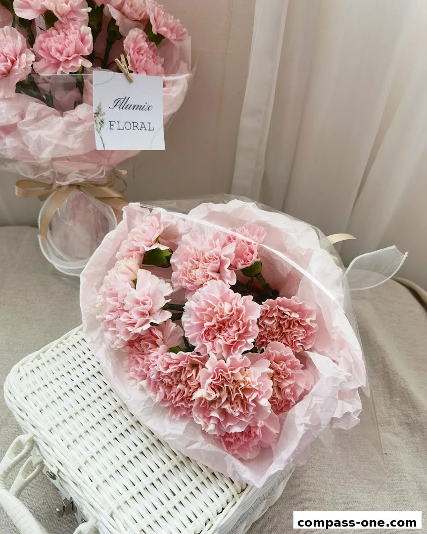 Beautiful bouquets of pink carnations are displayed on a white wicker basket.