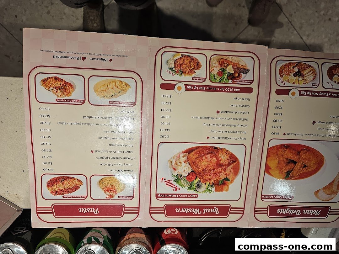 A menu from Sallys Compass One featuring pasta, local western, and Asian delights.