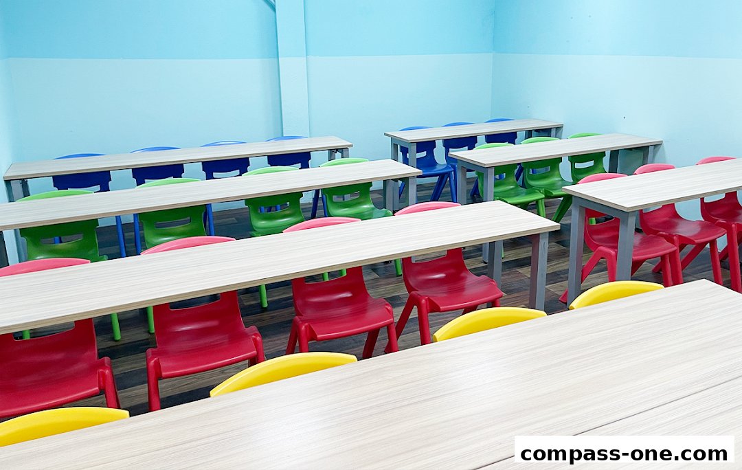 A classroom setting with rows of tables and colorful chairs for children.