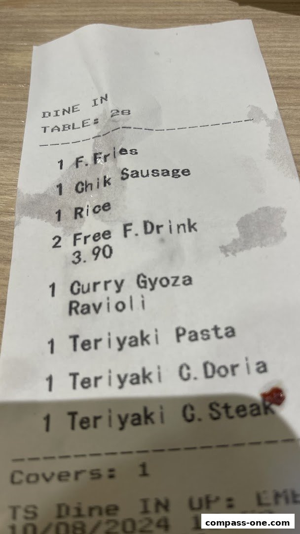 A receipt from Milan Shokudo Compass One listing various food and drink items.