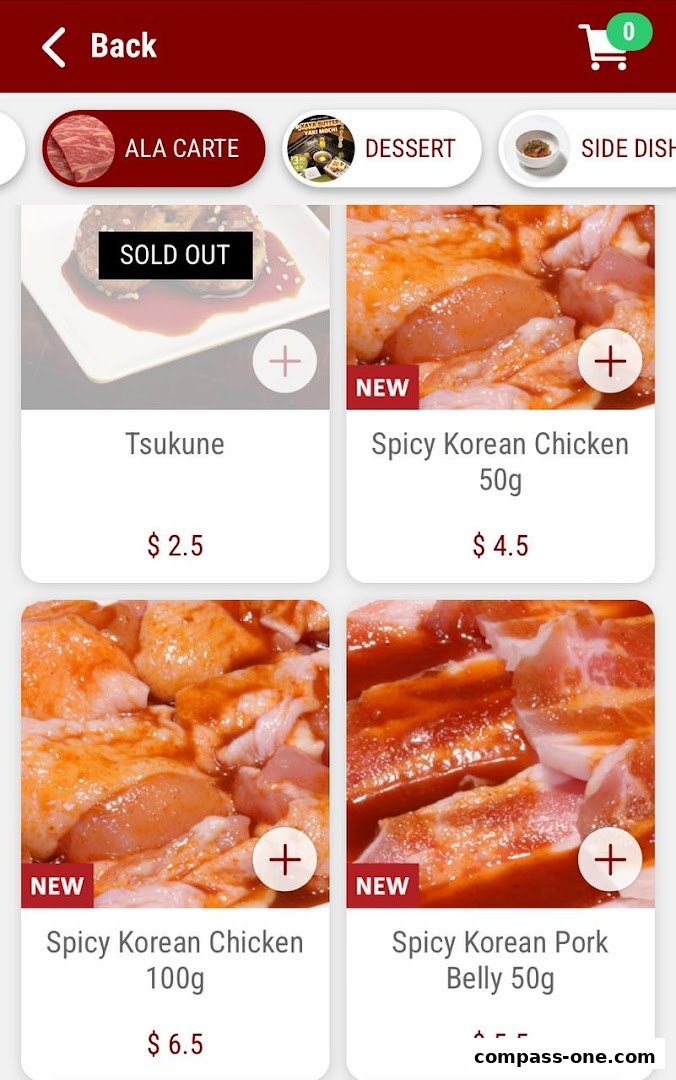 A mobile menu displaying various meat dishes with prices and 'new' tags.