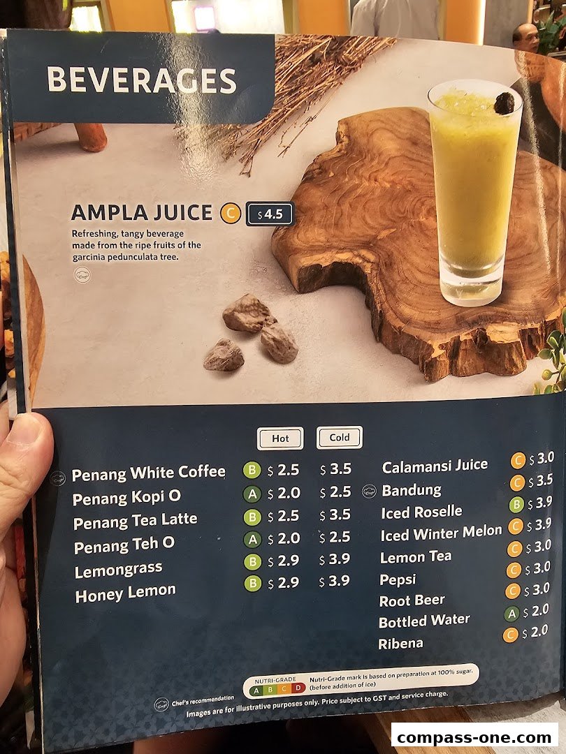 A menu page from Penang Culture featuring beverages like Ampla Juice and various coffees and teas.