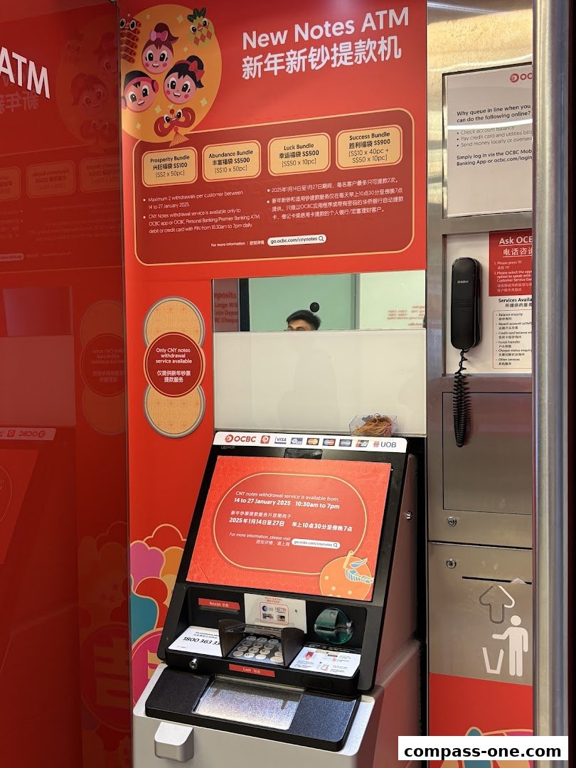 An OCBC Bank ATM offering new notes for Chinese New Year with various bundle options.