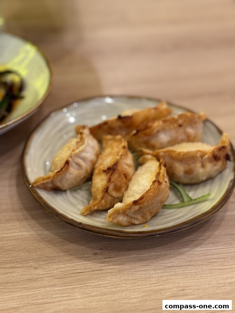 A plate of golden-brown pan-fried dumplings served on a textured ceramic plate.