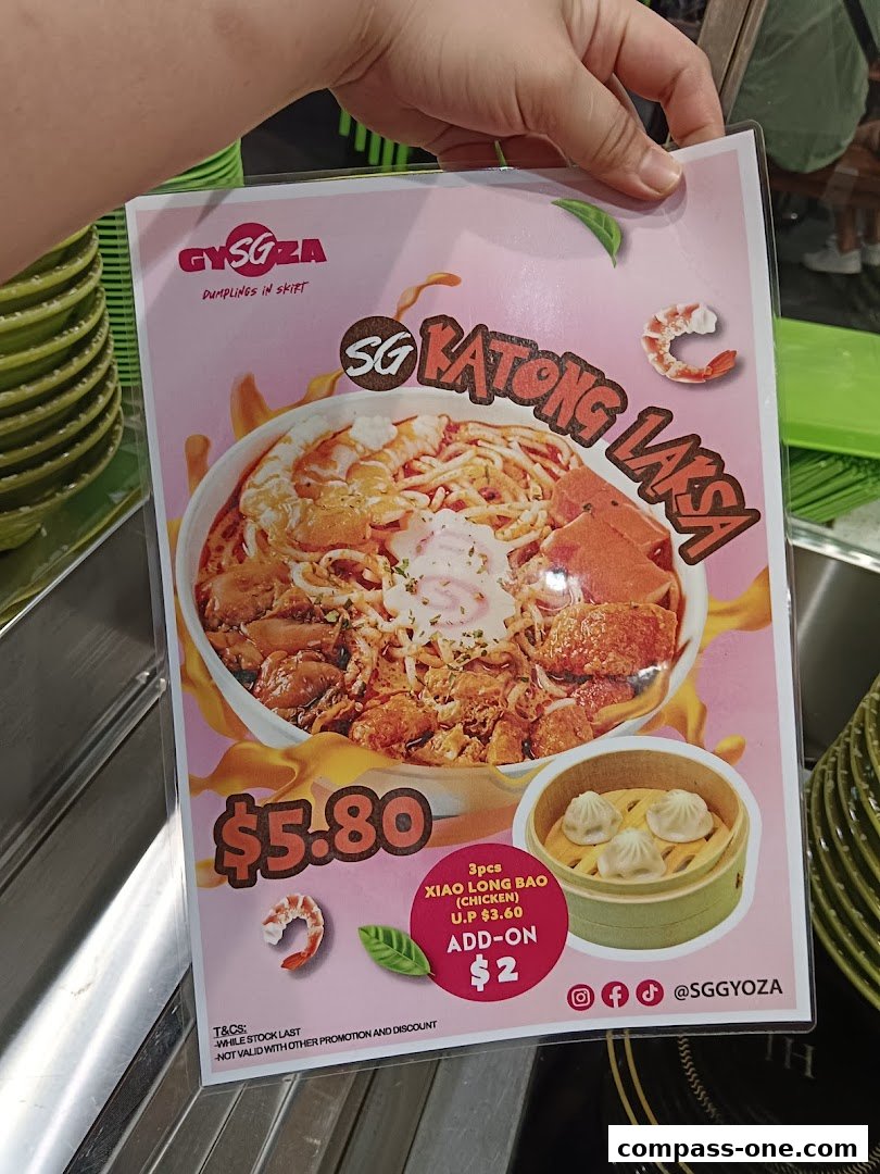 A menu featuring SG Katong Laksa for $5.80 with an add-on for Xiao Long Bao.