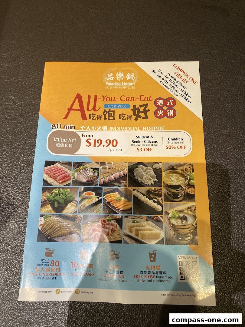 A menu for Paradise Hotpot featuring an all-you-can-eat individual hotpot.