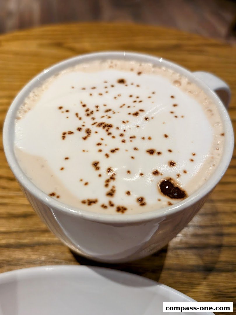 A close-up shot of a white mug filled with a frothy coffee drink, dusted with cocoa powder.
