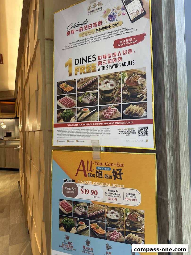 Promotional posters for Paradise Hotpot featuring a 'Members' Day' offer and an 'All-You-Can-Eat' hotpot deal.