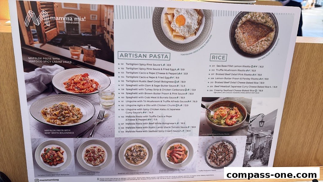A menu from Mamma Mia Trattoria E Caffè featuring pasta and rice dishes with appealing food photography.