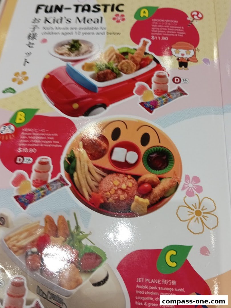A menu featuring fun and creative kid's meals with themed presentations.