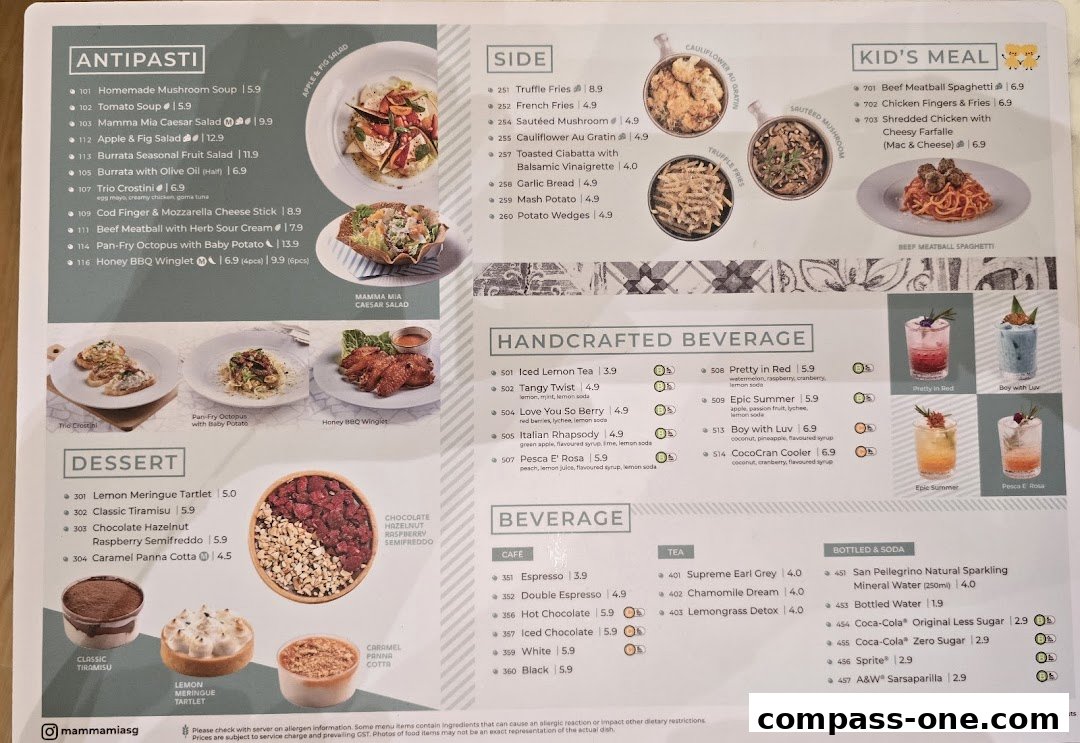 A menu from Mamma Mia Trattoria E Caffè featuring antipasti, sides, kids' meals, desserts, and beverages.