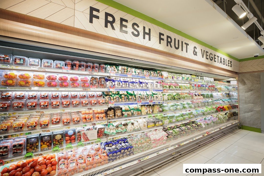 A wide display of fresh fruits and vegetables in clear packaging at a supermarket.