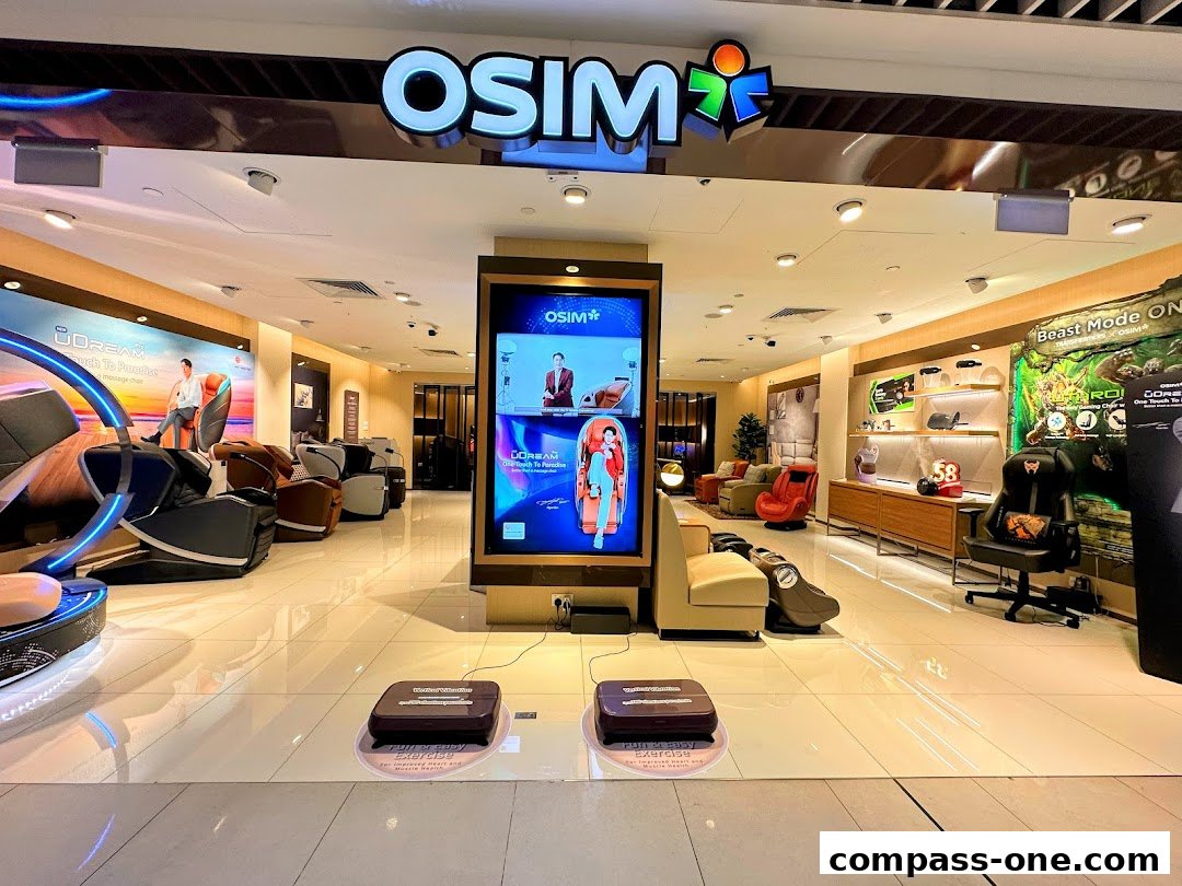 Interior view of an OSIM shop showcasing various massage chairs and wellness products.