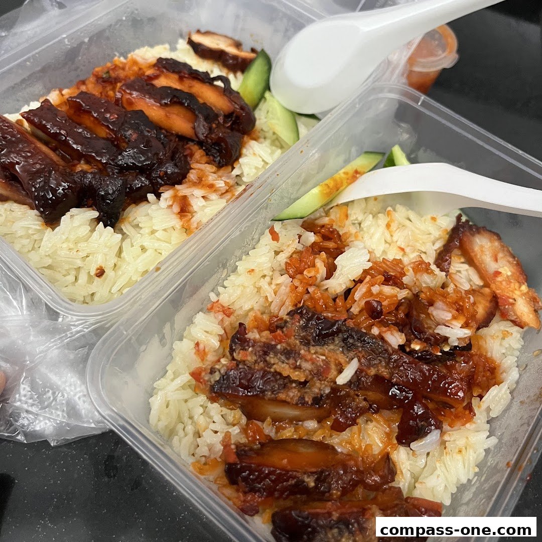 Two takeaway containers filled with Hainanese chicken rice and cucumber slices.