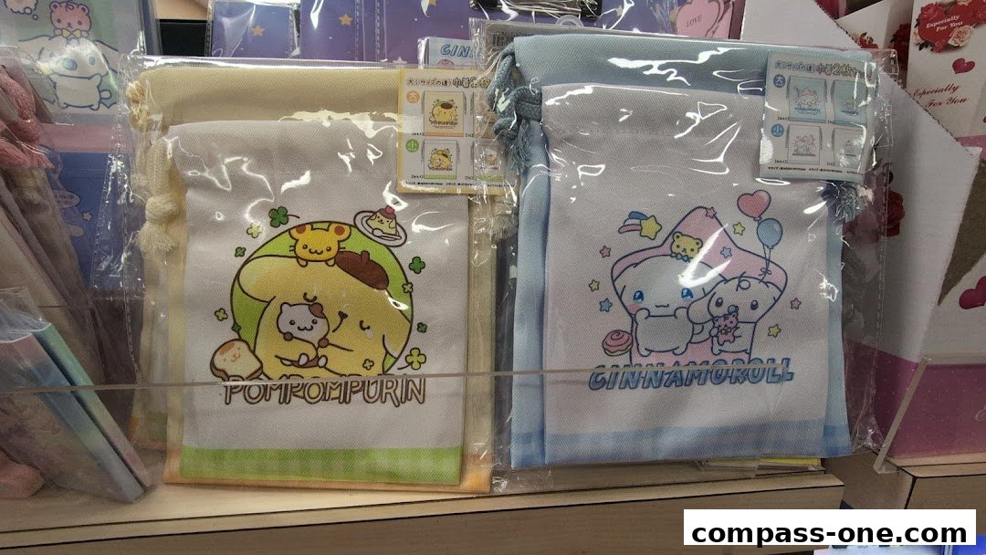 Two packaged pouches featuring popular Sanrio characters Pompompurin and Cinnamoroll.