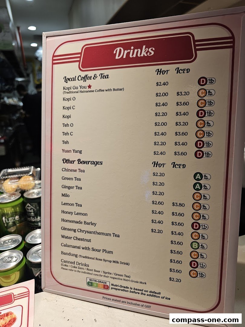 A menu board displaying a variety of drinks, including local coffee and tea, with prices and sugar content.