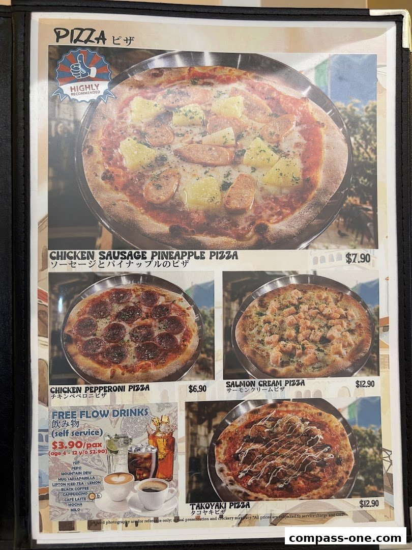 A menu featuring various pizzas and a free-flow drinks section.