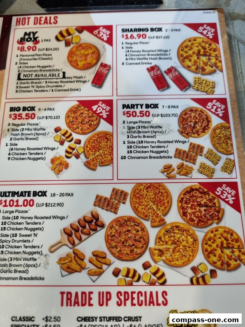 A Pizza Hut menu showcasing various meal deals and specials with images of pizzas and sides.