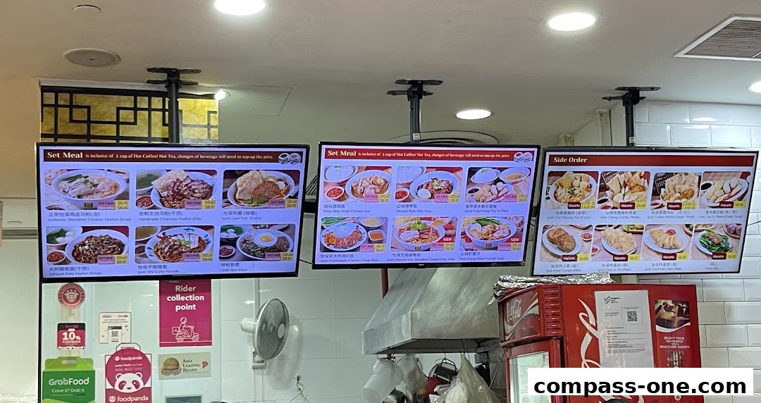Digital menus displaying various Ipoh delicacies and side orders with prices.