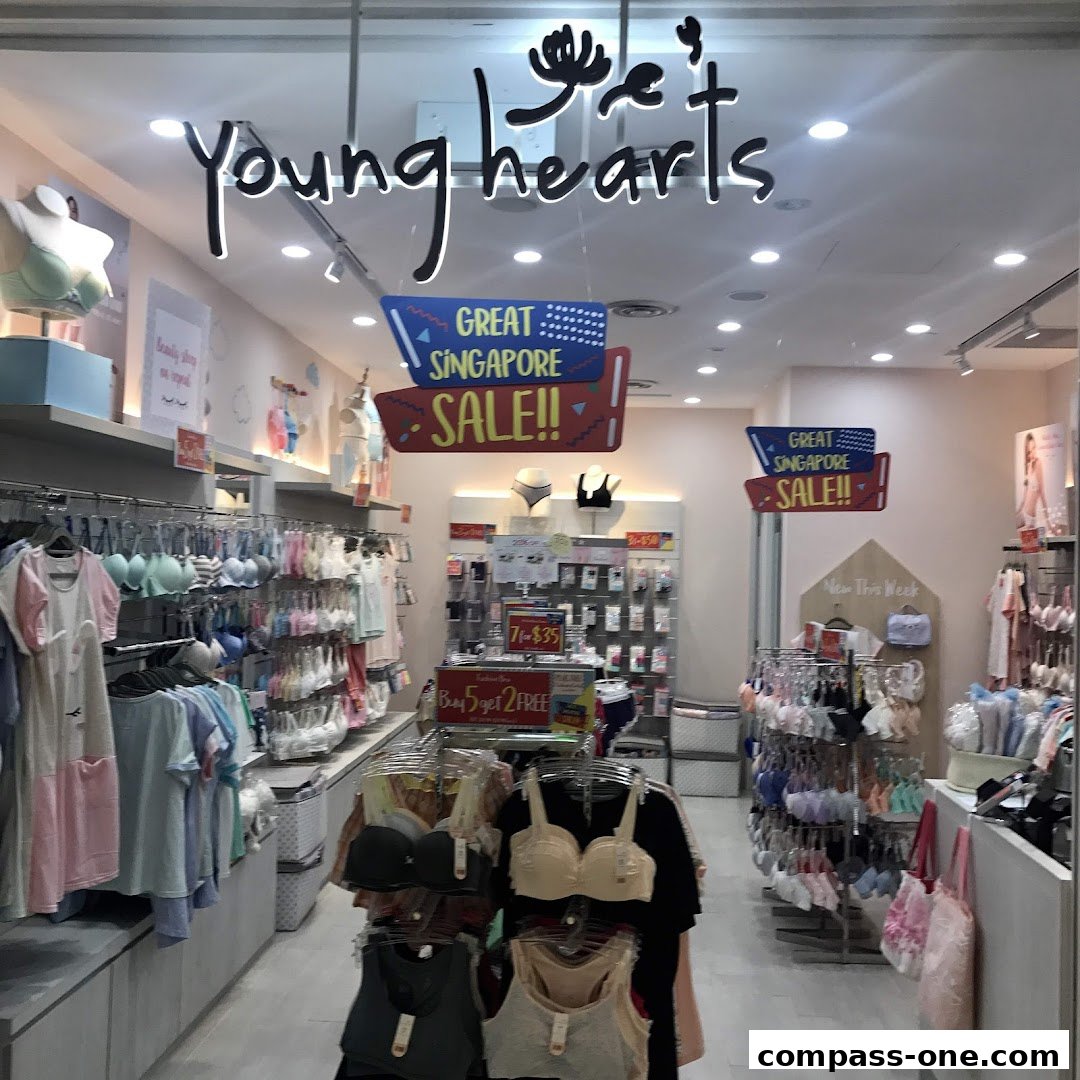 Interior view of a Young Hearts lingerie store with bras and apparel displayed.