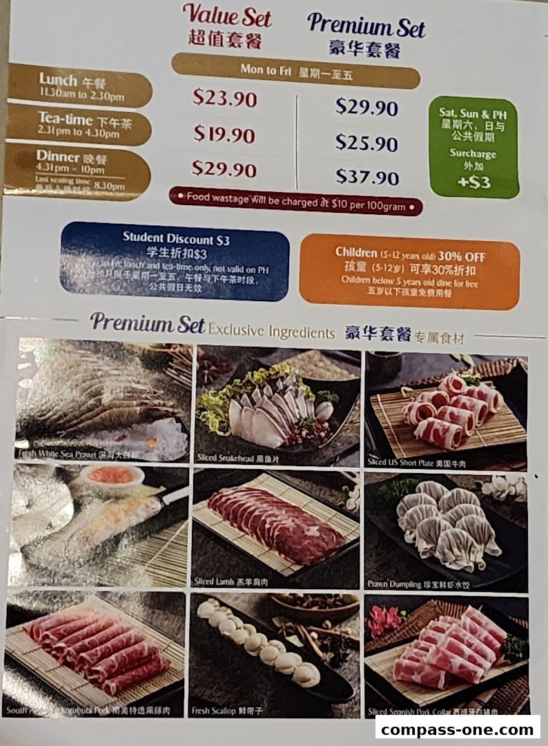 A menu showcasing various hotpot sets with prices and ingredients, including discounts.