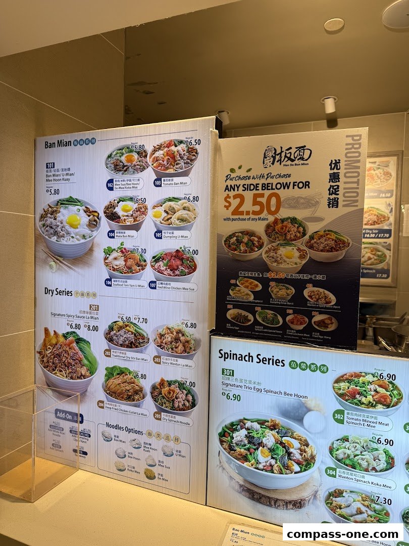 A menu board displaying various noodle dishes and promotions from Hao Jia Ban Mian.