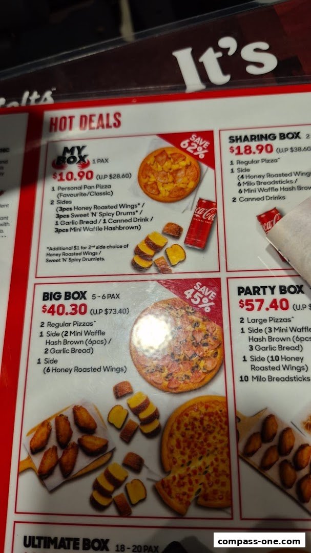 A menu from Pizza Hut featuring hot deals on various pizza boxes and sides.