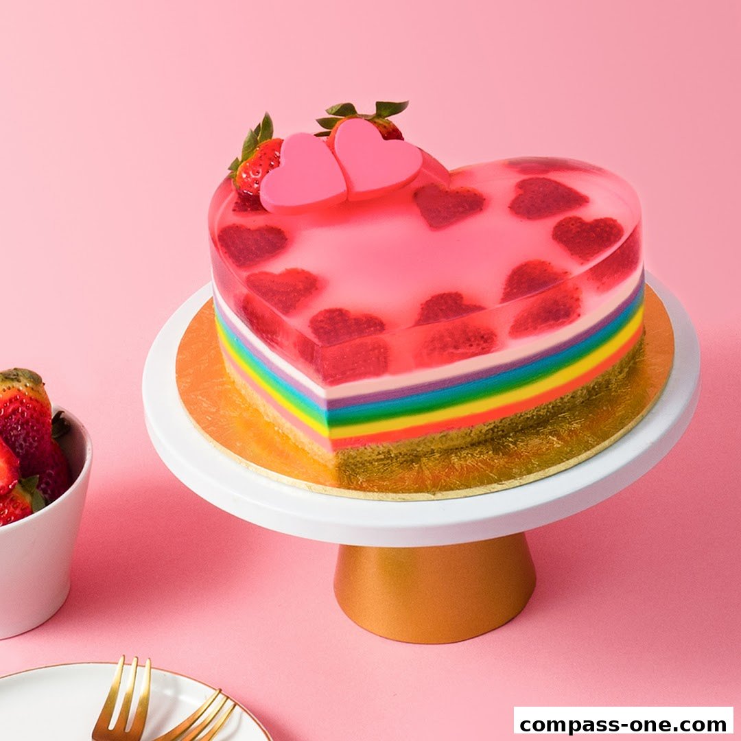 A heart-shaped rainbow jelly cake with strawberries and pink hearts on top.