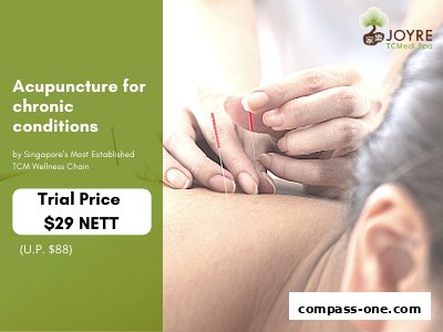 Close-up of acupuncture needles being applied to a person's back, with promotional text.
