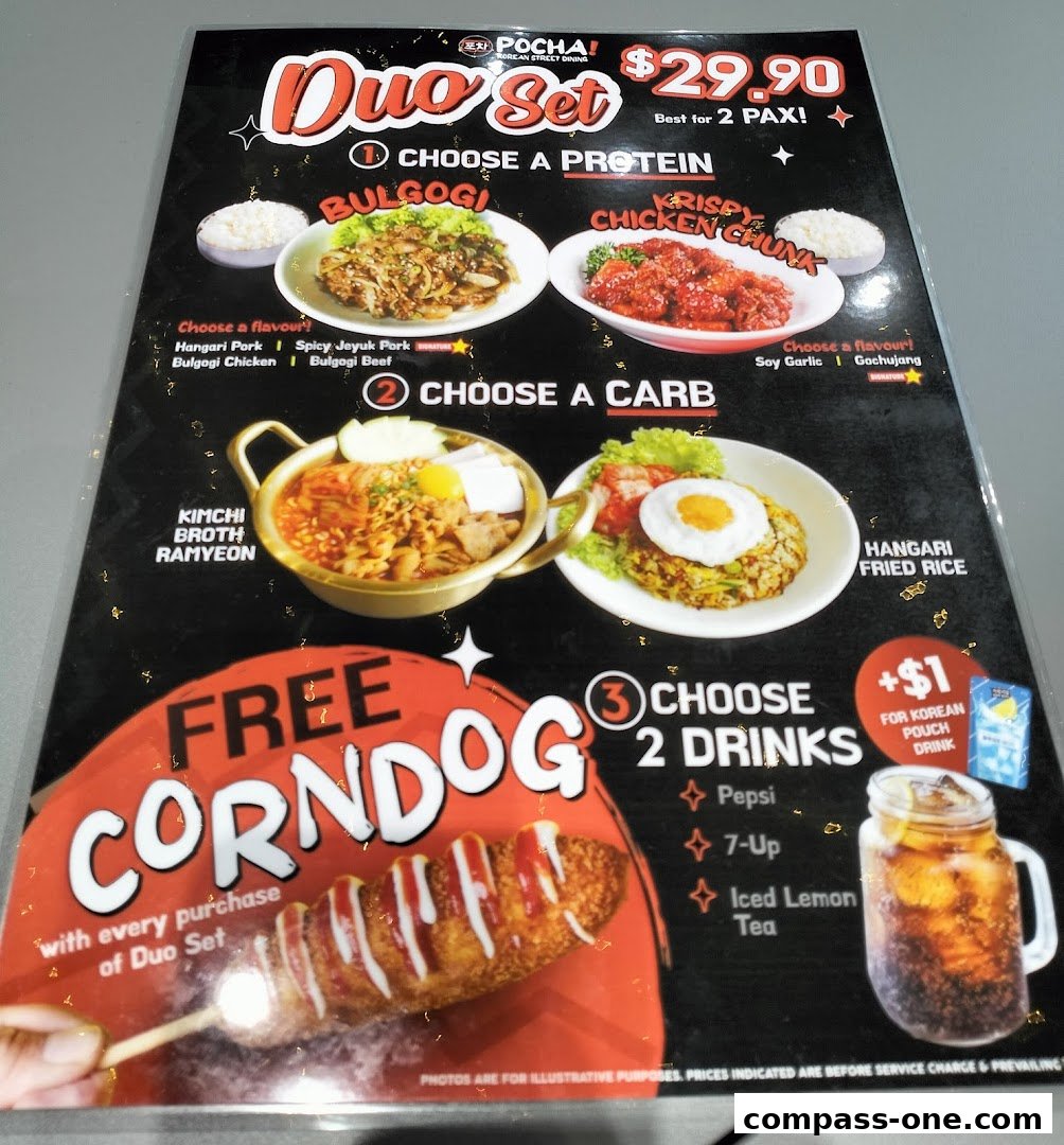 A menu for POCHA! Korean Street Dining featuring a Duo Set with protein, carb, and drink options.