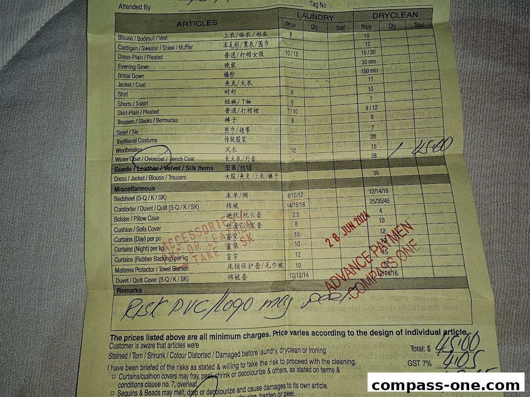 A detailed price list for laundry and dry cleaning services with various clothing and household items.
