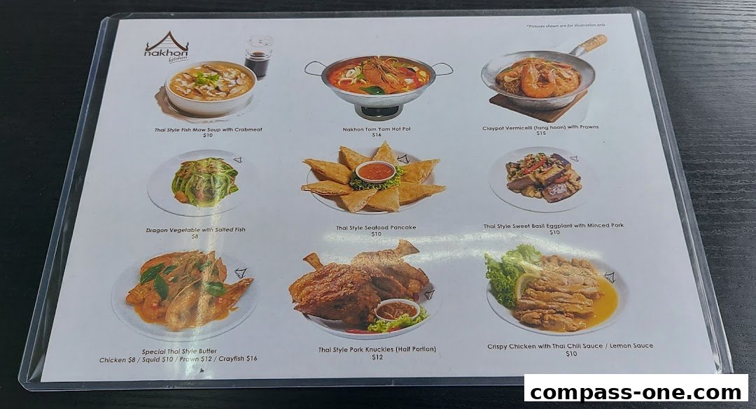 A menu from Nakhon Kitchen featuring various Thai dishes with enticing images and prices.