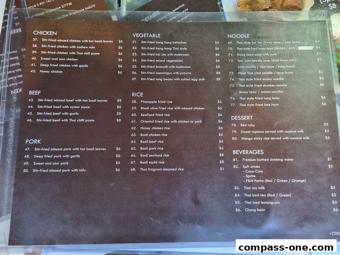 A menu from Nakhon Kitchen featuring Thai dishes like chicken, beef, pork, vegetables, noodles, rice, desserts, and beverages.