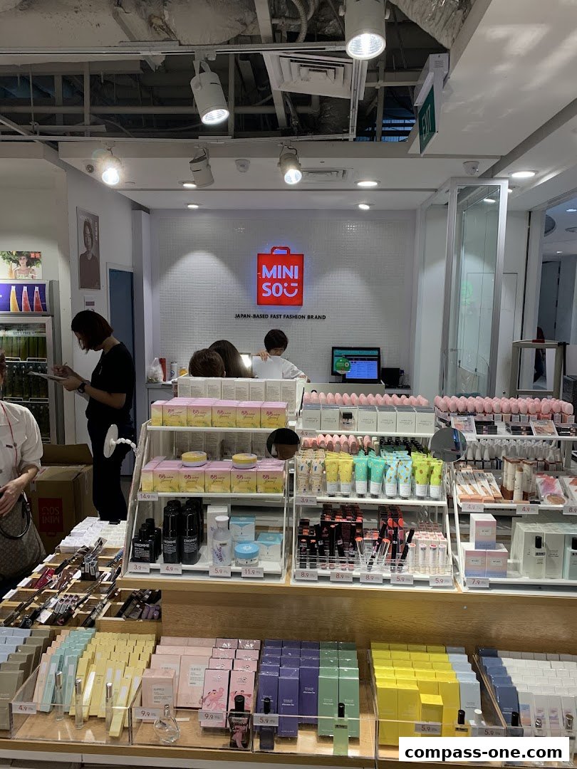 Interior view of a MINISO store showcasing a wide variety of beauty and personal care products.