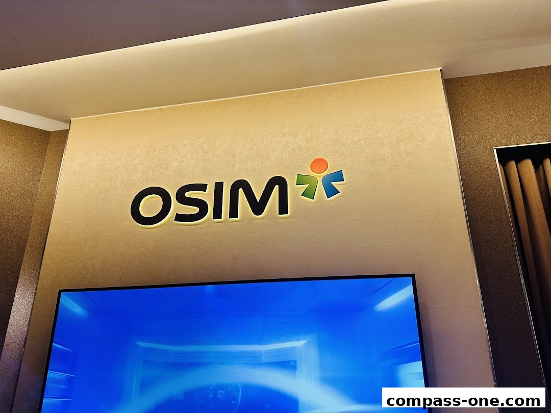 The OSIM logo is displayed prominently on a textured wall above a large screen.