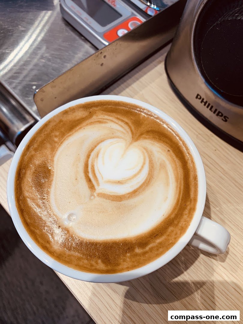 A close-up of a latte with intricate foam art, served in a white cup.