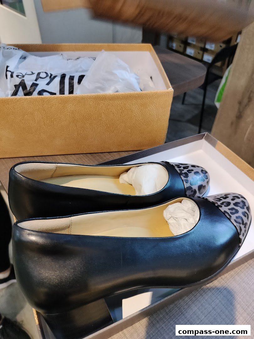 A pair of black leather women's shoes with leopard print toe caps in a box.