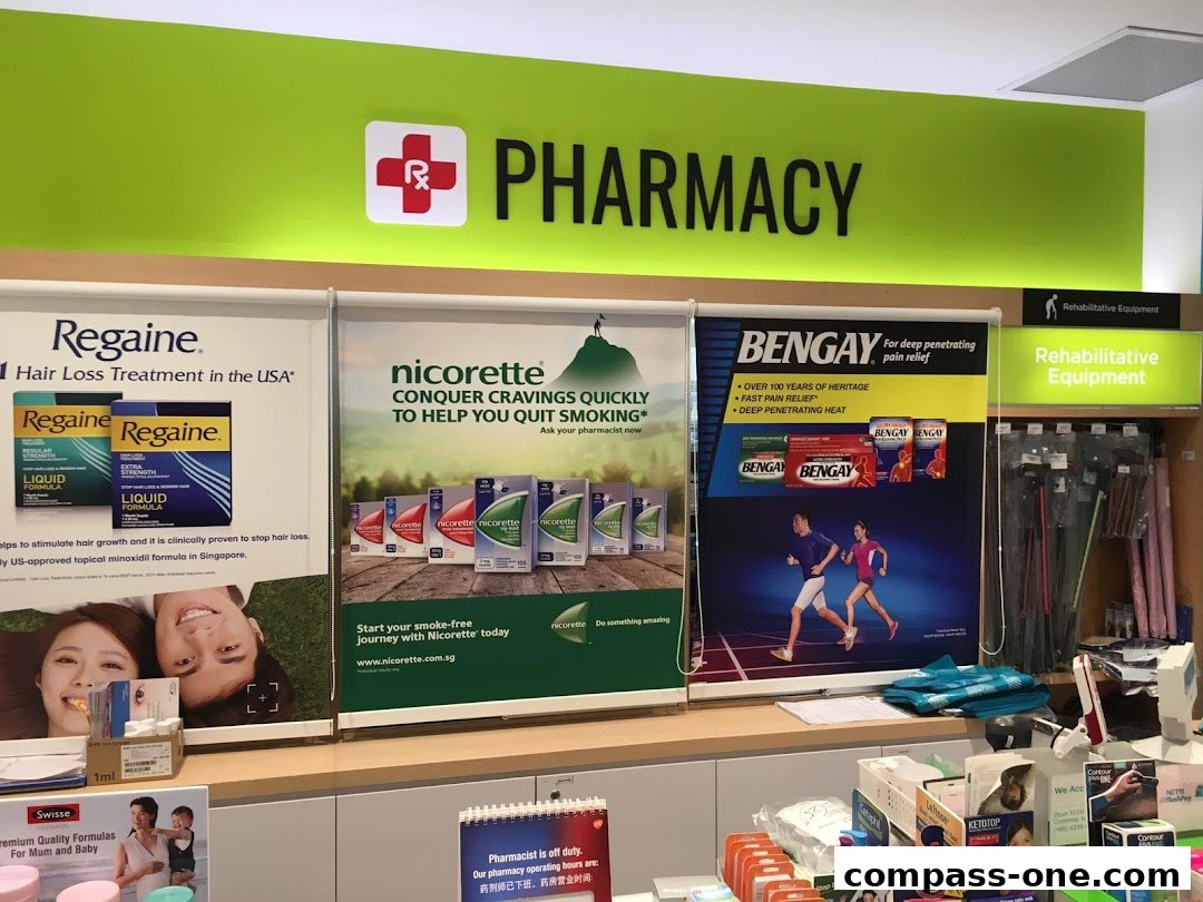 A pharmacy counter displaying advertisements for hair loss treatment, smoking cessation, and pain relief products.