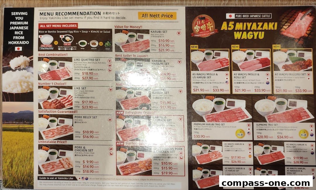 A menu for Yakiniku Like featuring various sets of Japanese beef and pork.