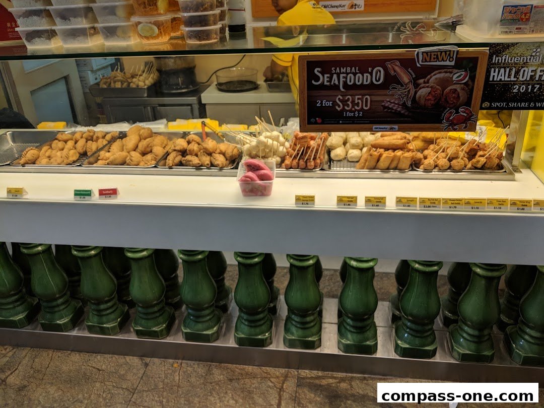 A display of various fried snacks and skewers at Old Chang Kee.
