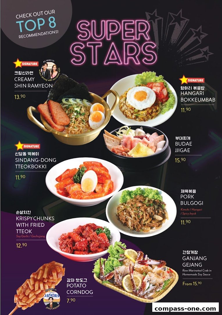 A menu showcasing Korean street food dishes with vibrant images and prices.